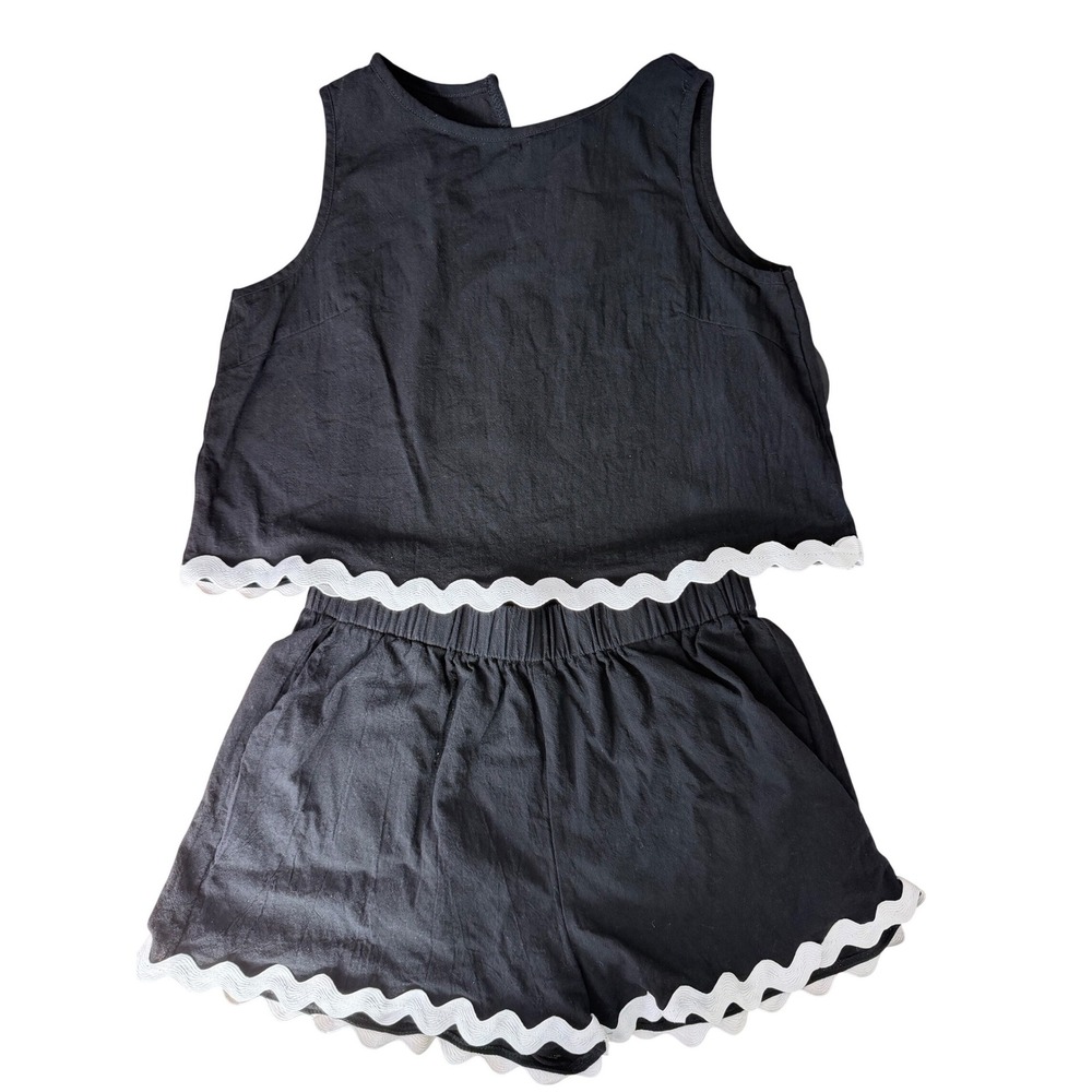 Scalloped Contrast Round Neck Cotton Tank Shorts Set Womens M Coquette Ric Rac